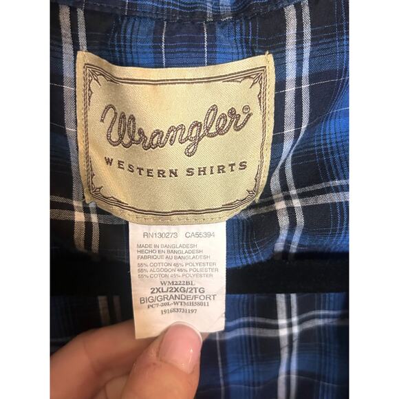 Wrangler Western Wear Pearl Snap Button Up Short Sleeve Shirt Blue Plaid 2XL - Picture 3 of 4